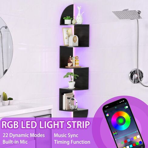 Waipfaru Corner Shelf, 5 Tier Bookshelf with LED Light, Corner Shelf Wall Mounted, Floating Shelves for Wall, Display Stand for Bedroom, Living Room, Bathroom, Home, Office, Black in Saudi Arabia