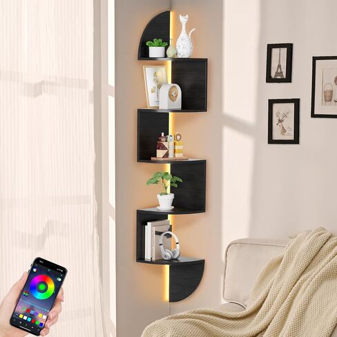 Waipfaru Corner Shelf, 5 Tier Bookshelf with LED Light, Corner Shelf Wall Mounted, Floating Shelves for Wall, Display Stand for Bedroom, Living Room, Bathroom, Home, Office, Black in Saudi Arabia