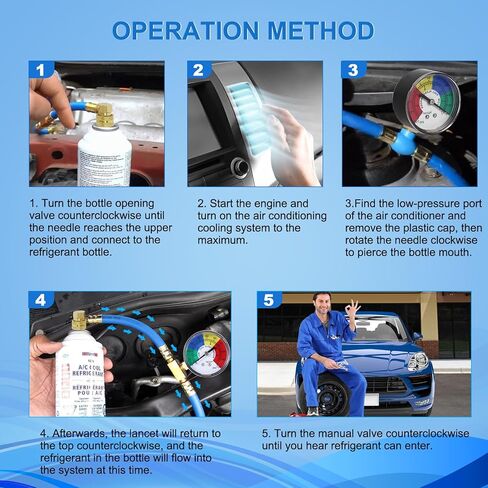 Aozbz R134A AC خرطوم شحنة المبردات ، أطول 80 سم/31 بوصة AUTO CAR AC AC RESTHARGE KIT مع مقياس الضغط 1/2 ACME CAN ENTER TAP صمام التخلص in Kuwait