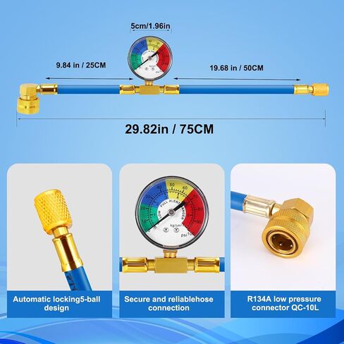 Aozbz R134A AC خرطوم شحنة المبردات ، أطول 80 سم/31 بوصة AUTO CAR AC AC RESTHARGE KIT مع مقياس الضغط 1/2 ACME CAN ENTER TAP صمام التخلص in Kuwait