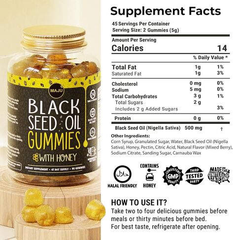 Maju's Black Poled Oil Gummies with Honey 90ct ، 500mg BSO Gummy ، Black Cumin Seed Nigella Sativa Oil ، Pold-Predic ، Forent Formula ، 90Ct in Kuwait