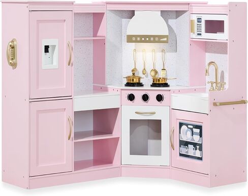Best Choice Products Pretend Play Corner Kitchen، مجموعة ألعاب خشبية تفاعلية مثالية للأطفال مع أضواء وأصوات وصانعة ثلج وغطاء رأس وأواني وفرن وميكروويف وحوض - وردي in Kuwait