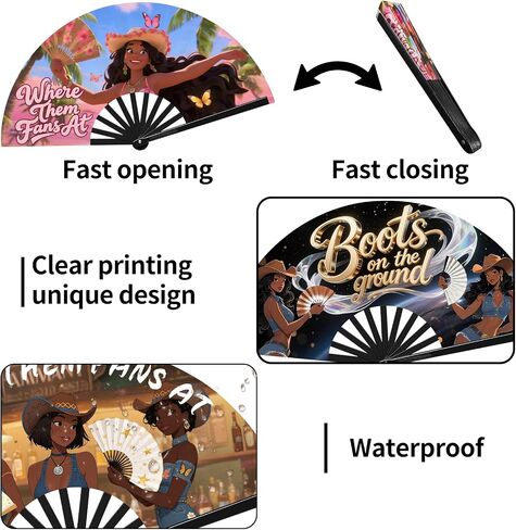 13" Line Dance Popping Fan for Dance, Where Them Fans at Clack, Folding,Boots On The Ground Hand Large Festival Folding Fan for Women, Party, Decoration (B) in Saudi Arabia