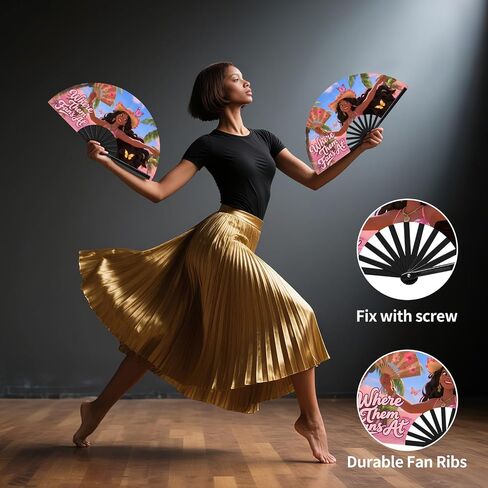 13" Line Dance Popping Fan for Dance, Where Them Fans at Clack, Folding,Boots On The Ground Hand Large Festival Folding Fan for Women, Party, Decoration (B) in Saudi Arabia