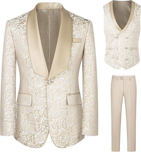 Slim Fit Paisley Jacquard Premium Floral Prom Tuxedo Prom Groom Wedding Groom 3 قطع بدلات in Kuwait