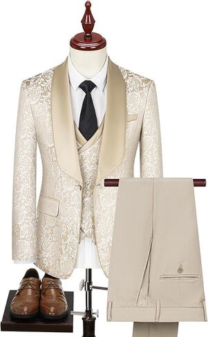 Slim Fit Paisley Jacquard Premium Floral Prom Tuxedo Prom Groom Wedding Groom 3 قطع بدلات in Kuwait
