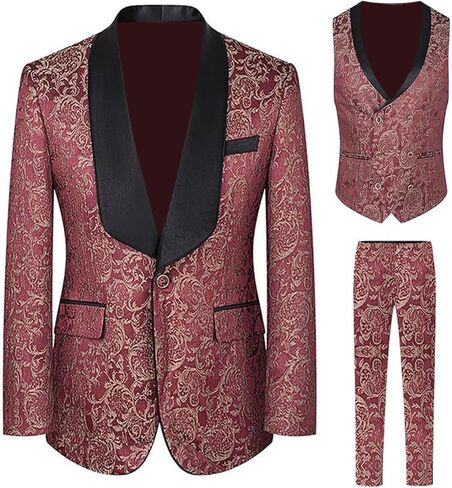 Slim Fit Paisley Jacquard Premium Floral Prom Tuxedo Prom Groom Wedding Groom 3 قطع بدلات in Kuwait