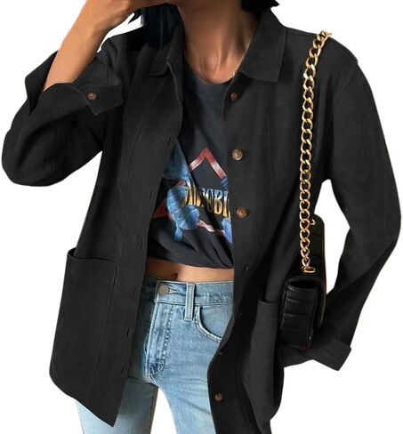 Tankaneo Womens Faux Suede Jackets Button Down Long Sleeve Shackets Coat Trendy 2025 Spring Clothes in Saudi Arabia