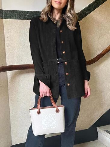 Tankaneo Womens Faux Suede Jackets Button Down Long Sleeve Shackets Coat Trendy 2025 Spring Clothes in Saudi Arabia