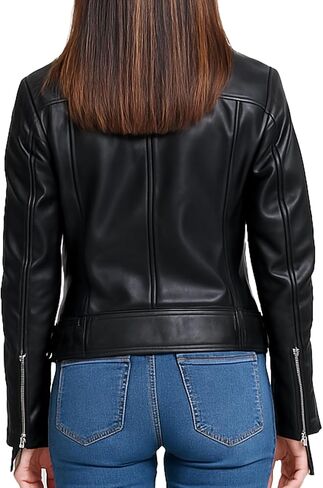 Genuine Lambskin Leather Jacket For Women - Premium Motorcycle Crop Short Coat with Belt, Zipper & Pockets in Saudi Arabia