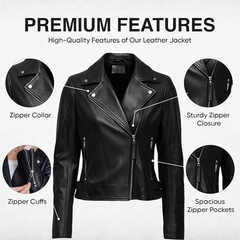 Genuine Lambskin Leather Jacket For Women - Premium Motorcycle Crop Short Coat with Belt, Zipper & Pockets in Saudi Arabia