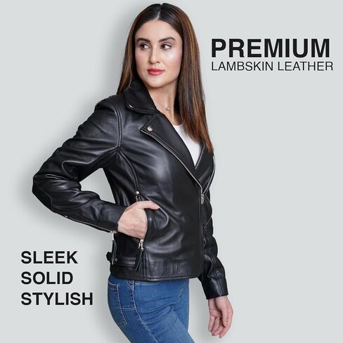 Genuine Lambskin Leather Jacket For Women - Premium Motorcycle Crop Short Coat with Belt, Zipper & Pockets in Saudi Arabia