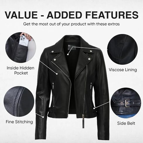 Genuine Lambskin Leather Jacket For Women - Premium Motorcycle Crop Short Coat with Belt, Zipper & Pockets in Saudi Arabia