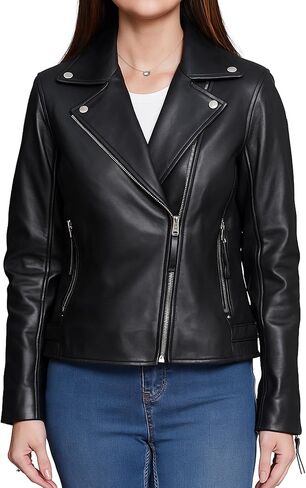 Genuine Lambskin Leather Jacket For Women - Premium Motorcycle Crop Short Coat with Belt, Zipper & Pockets in Saudi Arabia