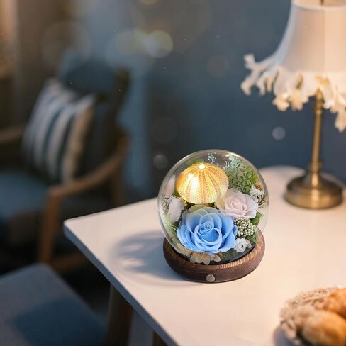 Long-Lasting Real Preserved Flowers in Glass Dome - Unique Starfish or Butterfly Eternal Roses Gift with LED Lights for Women Monther Indoor Decoration, Jellyfish and Yellow Green Rose in Saudi Arabia