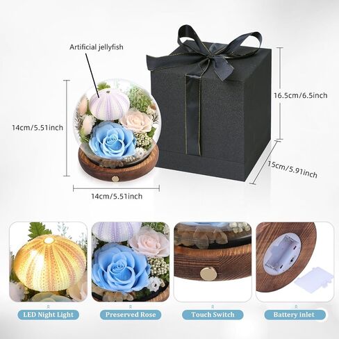 Long-Lasting Real Preserved Flowers in Glass Dome - Unique Starfish or Butterfly Eternal Roses Gift with LED Lights for Women Monther Indoor Decoration, Jellyfish and Yellow Green Rose in Saudi Arabia