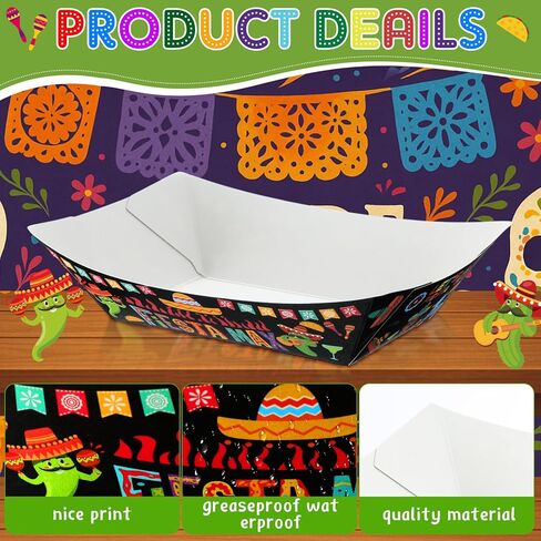 Gejoy 100 Pieces Mexican Paper Food Trays 2 lb Nacho Disposable Trays Mexican Theme Decorations Day of the Dead Popcorn Paperboard Holder for Mexican Festival Taco Theme Birthday in Kuwait