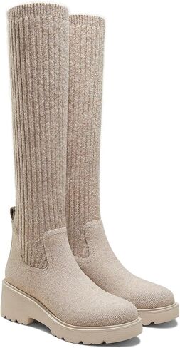 VIVAIA Eduarda Women's Wool Knee High Boots, Round Toe Platform Wedge Chunky Boots, Comfortable Warm for Fall Winter in Saudi Arabia