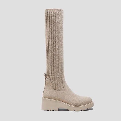 VIVAIA Eduarda Women's Wool Knee High Boots, Round Toe Platform Wedge Chunky Boots, Comfortable Warm for Fall Winter in Saudi Arabia