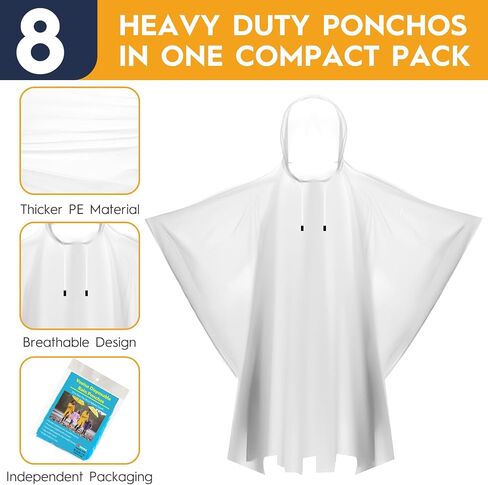 8 & 20 Pack Disposable Rain Ponchos for Adults/Youth - 6 Color Waterproof PE Hooded Raincoats, Drawstring, Emergency in Saudi Arabia