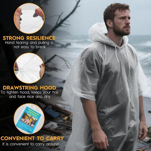8 & 20 Pack Disposable Rain Ponchos for Adults/Youth - 6 Color Waterproof PE Hooded Raincoats, Drawstring, Emergency in Saudi Arabia