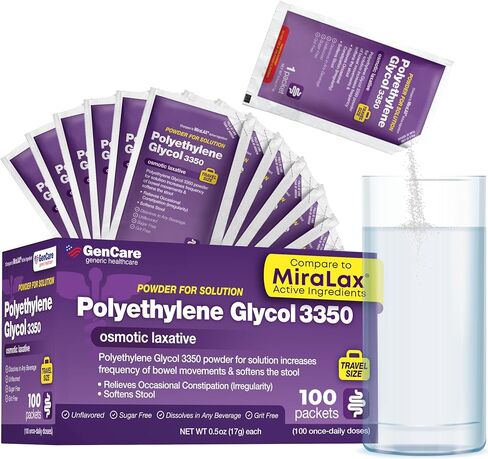 مسحوق Gencare polylethylene glycol 3350 للمحلول-100 حزم سفر-PEG غير المحبوب غير المحبوب 3350 لإغاثة الإمساك في بعض الأحيان للنساء والرجال-مسحوق ملين ميرالاكس العام in Kuwait