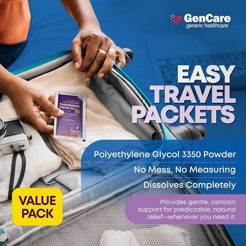 مسحوق Gencare polylethylene glycol 3350 للمحلول-100 حزم سفر-PEG غير المحبوب غير المحبوب 3350 لإغاثة الإمساك في بعض الأحيان للنساء والرجال-مسحوق ملين ميرالاكس العام in Kuwait