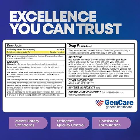 مسحوق Gencare polylethylene glycol 3350 للمحلول-100 حزم سفر-PEG غير المحبوب غير المحبوب 3350 لإغاثة الإمساك في بعض الأحيان للنساء والرجال-مسحوق ملين ميرالاكس العام in Kuwait