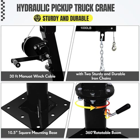 Hydraulic Pickup Truck Crane,2000LBS 360° Swivel Truck Jib Engine Hoist Crane,Folding Truck-Mounted Bed Crane with Hand Winch,Truck Bed Lift in Construction, Factory in Saudi Arabia