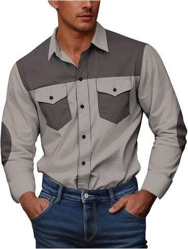 Men's Cargo Shirts Loose Fit Casual Long Sleeve Color Block Button Down Lapel Business Work Shirts in Saudi Arabia