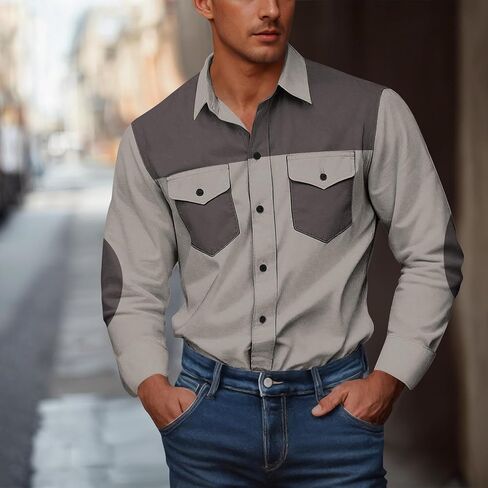 Men's Cargo Shirts Loose Fit Casual Long Sleeve Color Block Button Down Lapel Business Work Shirts in Saudi Arabia