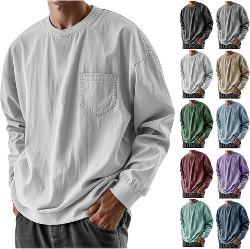 Long Sleeve Oversized Tshirts for Men Classic Round Neck T-Shirt Crewneck Distressed Washed Tops Sweatshirt with Pocket in Saudi Arabia