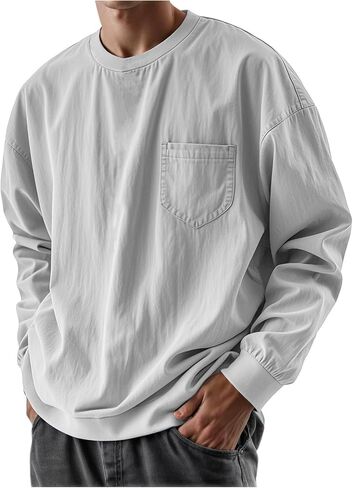 Long Sleeve Oversized Tshirts for Men Classic Round Neck T-Shirt Crewneck Distressed Washed Tops Sweatshirt with Pocket in Saudi Arabia