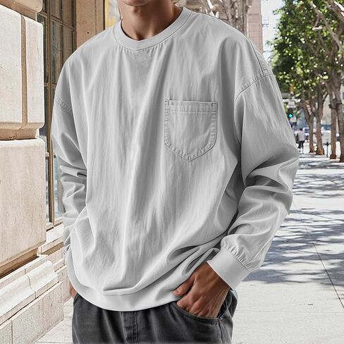 Long Sleeve Oversized Tshirts for Men Classic Round Neck T-Shirt Crewneck Distressed Washed Tops Sweatshirt with Pocket in Saudi Arabia