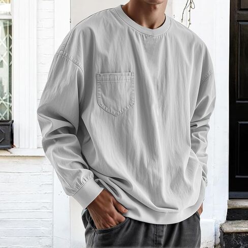 Long Sleeve Oversized Tshirts for Men Classic Round Neck T-Shirt Crewneck Distressed Washed Tops Sweatshirt with Pocket in Saudi Arabia