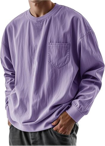 Long Sleeve Oversized Tshirts for Men Classic Round Neck T-Shirt Crewneck Distressed Washed Tops Sweatshirt with Pocket in Saudi Arabia