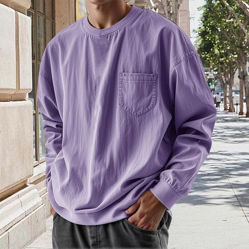 Long Sleeve Oversized Tshirts for Men Classic Round Neck T-Shirt Crewneck Distressed Washed Tops Sweatshirt with Pocket in Saudi Arabia