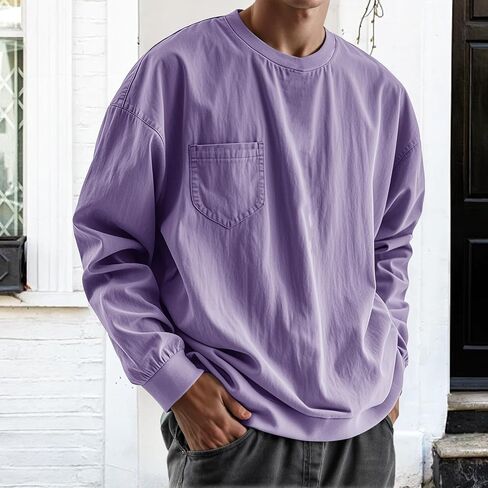 Long Sleeve Oversized Tshirts for Men Classic Round Neck T-Shirt Crewneck Distressed Washed Tops Sweatshirt with Pocket in Saudi Arabia
