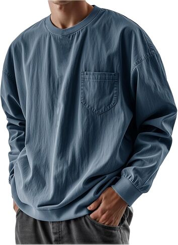 Long Sleeve Oversized Tshirts for Men Classic Round Neck T-Shirt Crewneck Distressed Washed Tops Sweatshirt with Pocket in Saudi Arabia