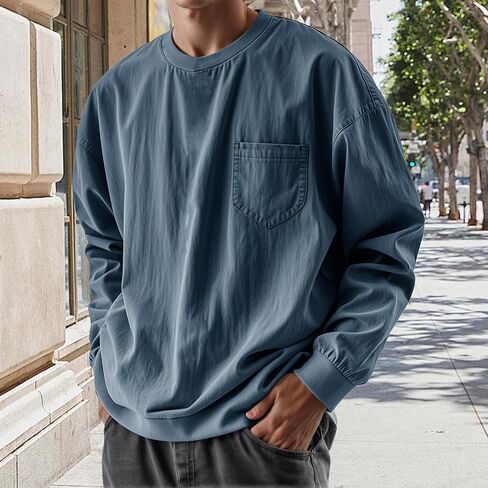 Long Sleeve Oversized Tshirts for Men Classic Round Neck T-Shirt Crewneck Distressed Washed Tops Sweatshirt with Pocket in Saudi Arabia