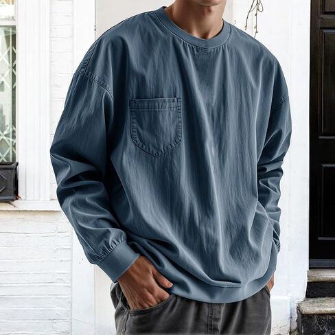 Long Sleeve Oversized Tshirts for Men Classic Round Neck T-Shirt Crewneck Distressed Washed Tops Sweatshirt with Pocket in Saudi Arabia