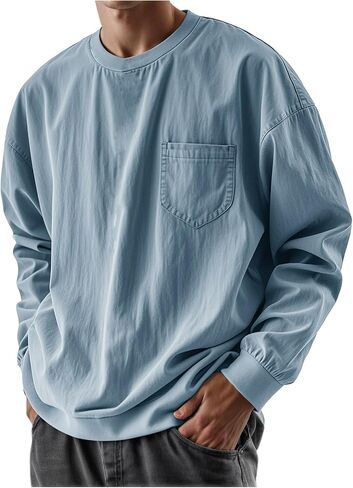 Long Sleeve Oversized Tshirts for Men Classic Round Neck T-Shirt Crewneck Distressed Washed Tops Sweatshirt with Pocket in Saudi Arabia