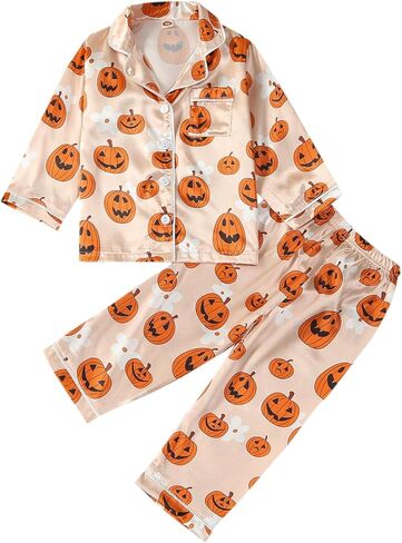Halloween Pajamas Kids Pjs Set Toddler Baby Girl Silk Long Sleeve Lapel Button Down Tops Matching Sleepwear in Saudi Arabia