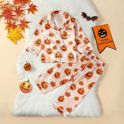 Halloween Pajamas Kids Pjs Set Toddler Baby Girl Silk Long Sleeve Lapel Button Down Tops Matching Sleepwear in Saudi Arabia