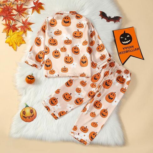 Halloween Pajamas Kids Pjs Set Toddler Baby Girl Silk Long Sleeve Lapel Button Down Tops Matching Sleepwear in Saudi Arabia