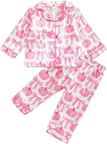 fyclemt Halloween Pajamas Baby Boy Girl Silk Pajamas Floral Pumpkin Ghost Long Sleeve Button Up Shirt Top Pants Pjs Sleepwear in Kuwait