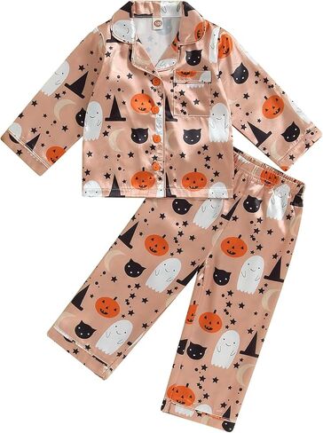 fyclemt Halloween Pajamas Baby Boy Girl Silk Pajamas Floral Pumpkin Ghost Long Sleeve Button Up Shirt Top Pants Pjs Sleepwear in Kuwait