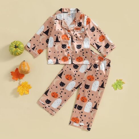 fyclemt Halloween Pajamas Baby Boy Girl Silk Pajamas Floral Pumpkin Ghost Long Sleeve Button Up Shirt Top Pants Pjs Sleepwear in Kuwait