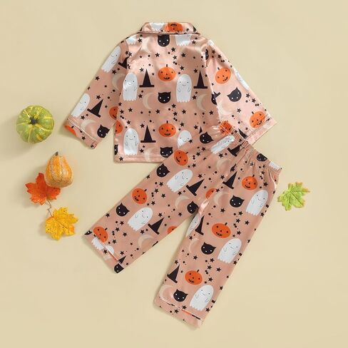 fyclemt Halloween Pajamas Baby Boy Girl Silk Pajamas Floral Pumpkin Ghost Long Sleeve Button Up Shirt Top Pants Pjs Sleepwear in Kuwait