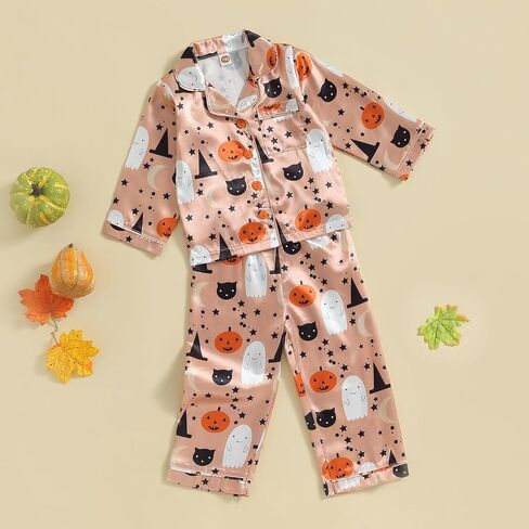 fyclemt Halloween Pajamas Baby Boy Girl Silk Pajamas Floral Pumpkin Ghost Long Sleeve Button Up Shirt Top Pants Pjs Sleepwear in Kuwait